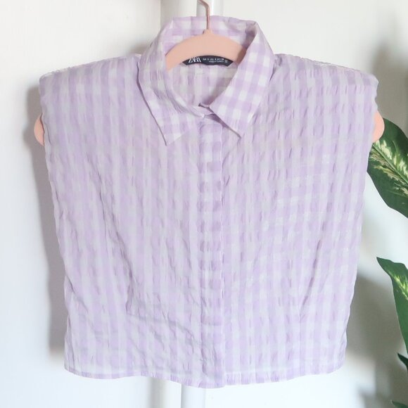 Zara Lilac Gingham Shoulder Pad Cropped Blouse Size S - Picture 7 of 10